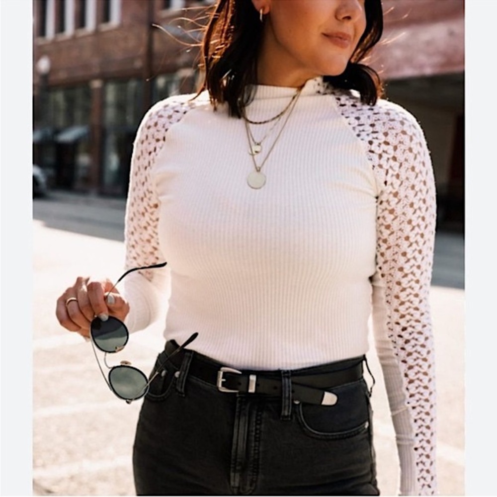 Free People Clemente Top White Ribbed Mock Neck Lace Sleeves L